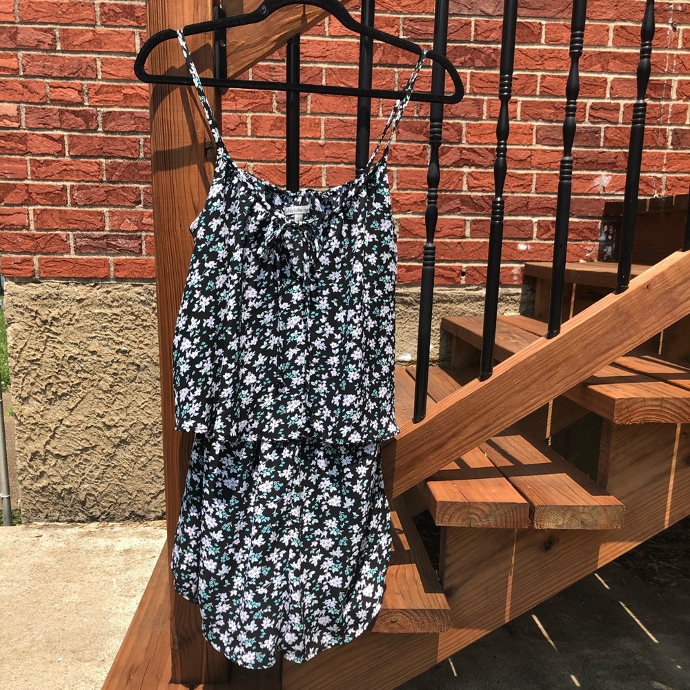 Charlotte Russe Black Floral Romper with White and Mint Flowers